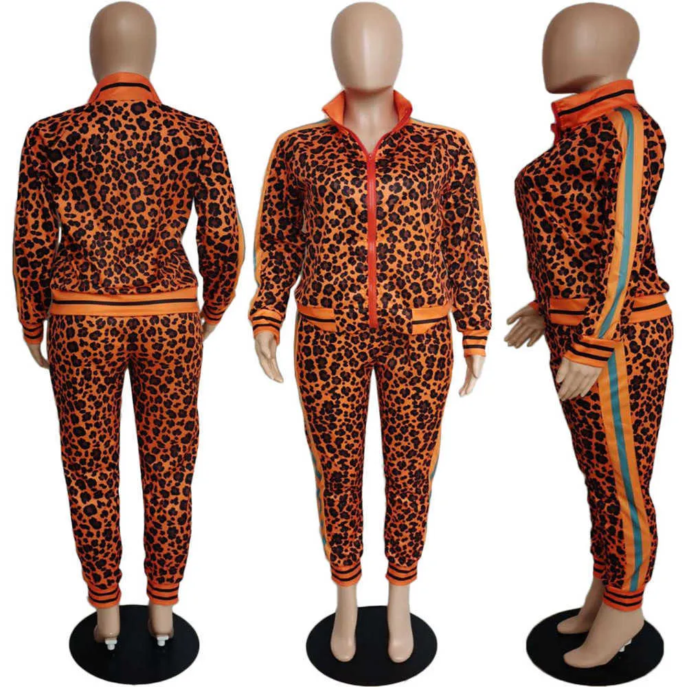 Orange Leopard Imprimer Survêtement Femmes Vêtements Assortis Ensembles Lounge Wear Deux Pièces Ensemble Top et Pantalon Joggers Casual Sweat Costumes Y0625