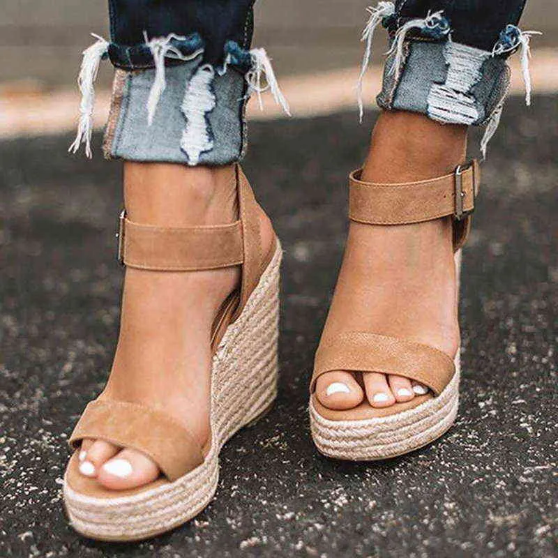 Summer Sandals Women Wedges Platform Ladies Hemp Shoes Ladies Candy Color Casual Girls Slip on Strap Cross Girls Plus Size 2021 H1126