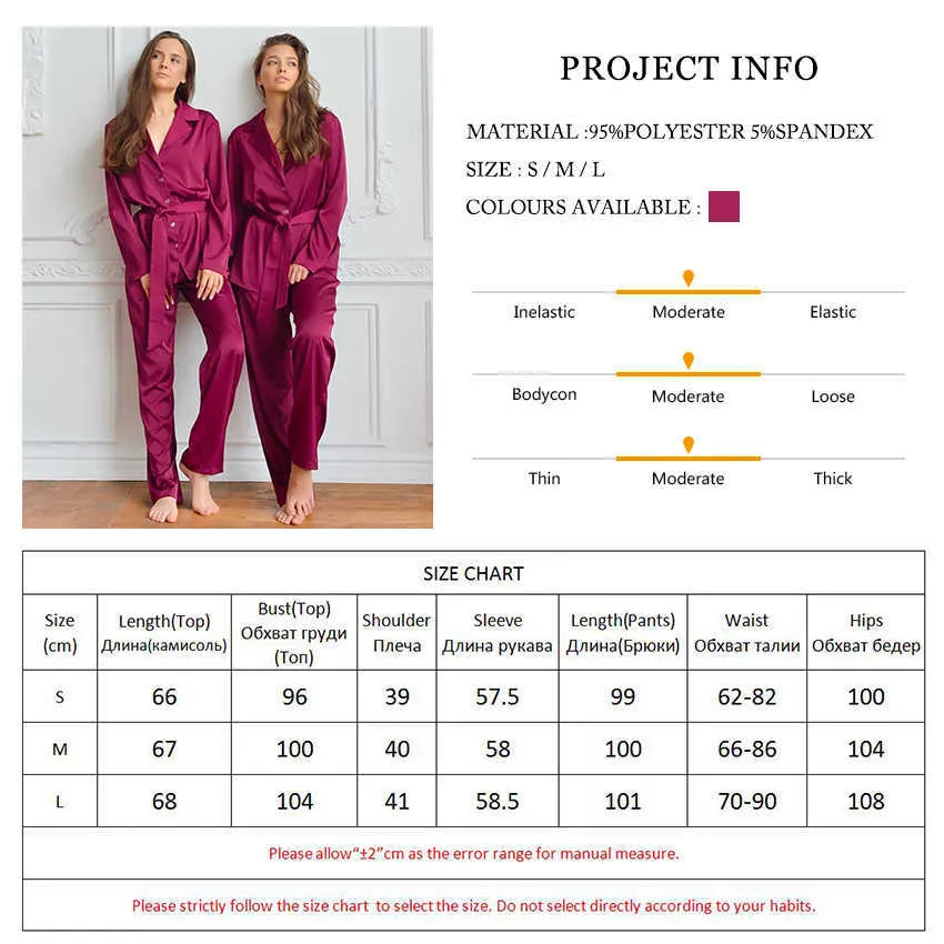 Hiloc Satin Piżamy dla kobiet Sleepwear Silk Pure Color Z Długim rękawem Dwuczęściowy zestaw z Sashes Red Różowy Odzież wiosna 210809