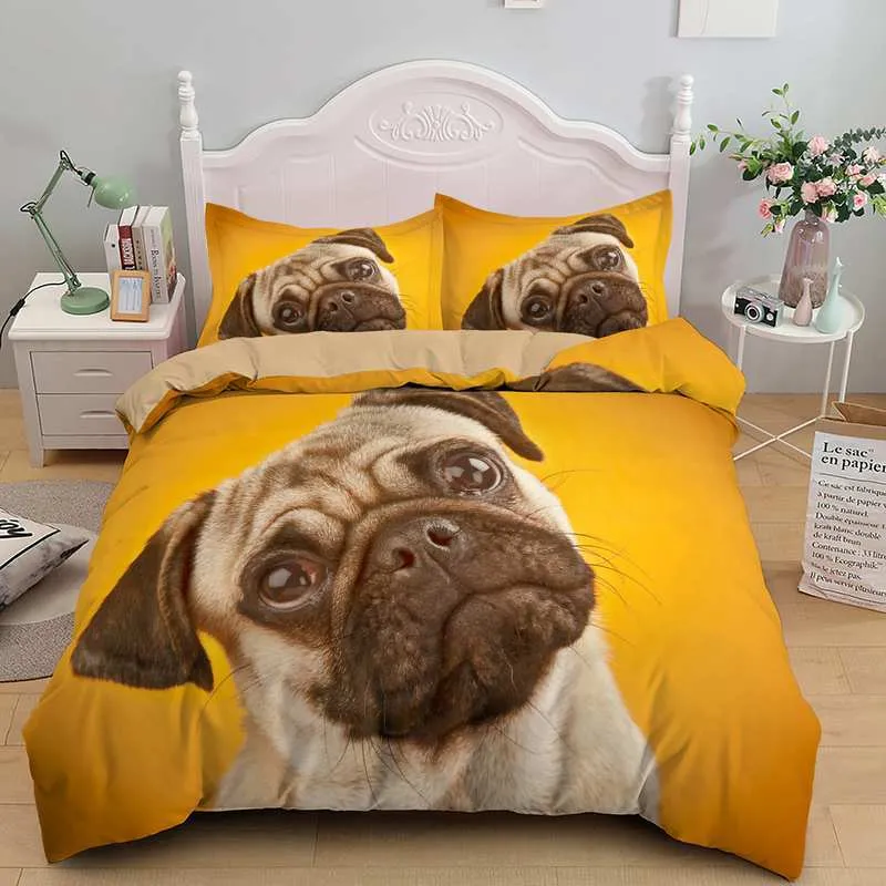 Trendy Puppy Pug Bedding Hippie Boho Style Pet Duvet Cover Set 210309