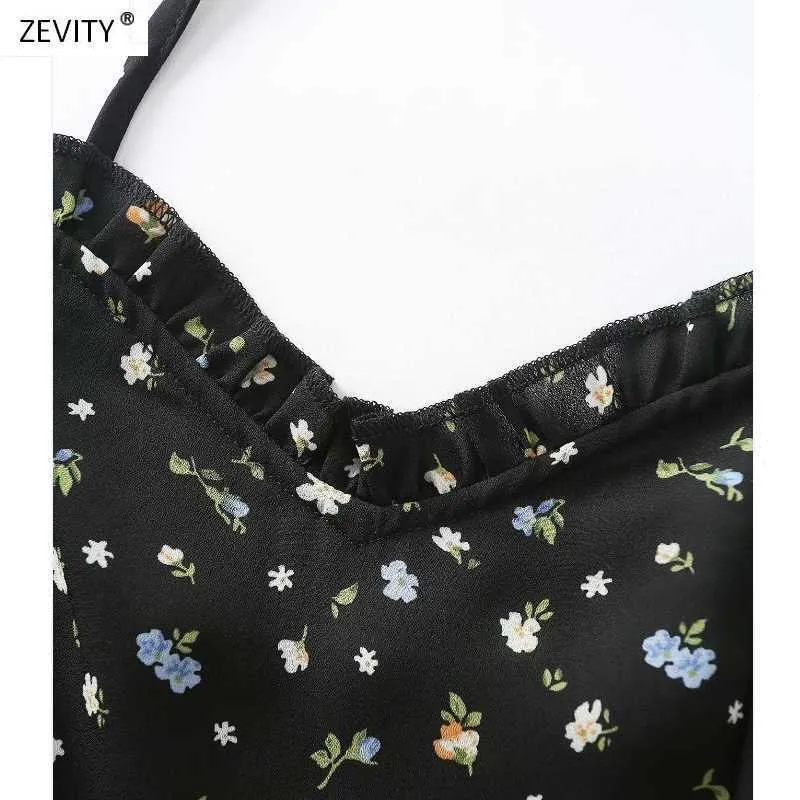 Zevity mujeres estampado floral encaje agárico negro sling vestido mujer espalda elástica casual delgado vestidos chic mini vestidos DS3998 210603