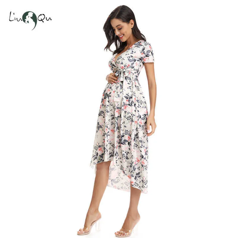 Kvinnors Faux Wrap Maternity Klänning Med Justerbart Bälte V Nacke Breadfeeding Graviditet Klänningar Casual Floral Nursing Dress Y0924