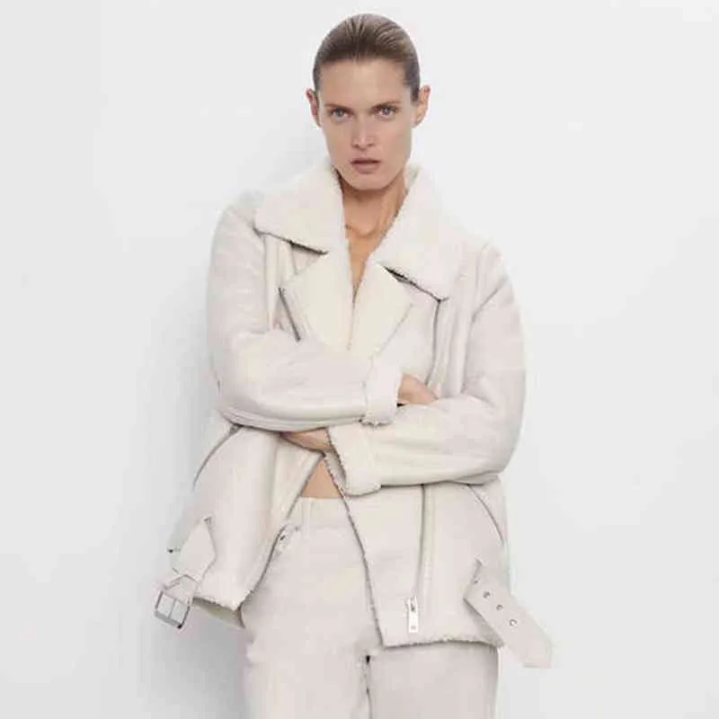 Grosso e quente jaqueta de couro falso casaco feminino bege de mangas compridas cinto jaqueta feminina inverno moda streetwear topos 220118