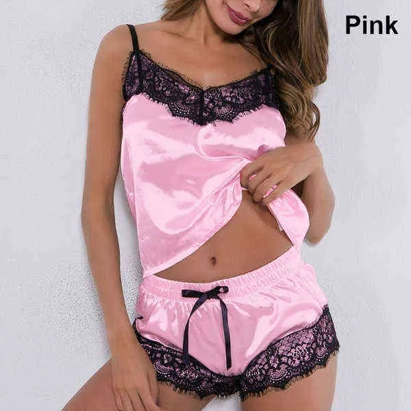 Multicolor Simulatie Zijde Kant Vrouwelijke Charm Temptation Sexy Home Kleding Tweedelige Set 211203