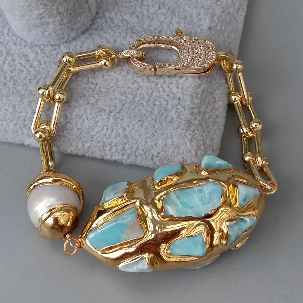 Bracciale a catena placcato in oro con perle Keshi bianche coltivate con pavé di chip Larimar blu naturale YYGEM