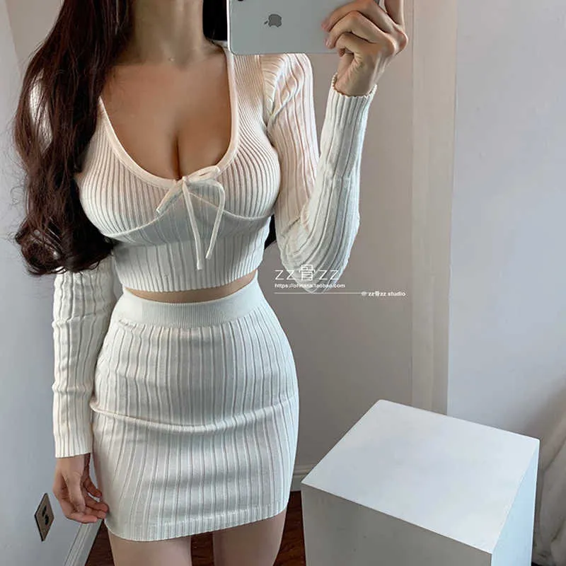 WOMENGAGA Autumn French Low Chest High Waist Closing Sexy Full Sleeve Knitting Tops + Half Dress Two Pieces J9 210603