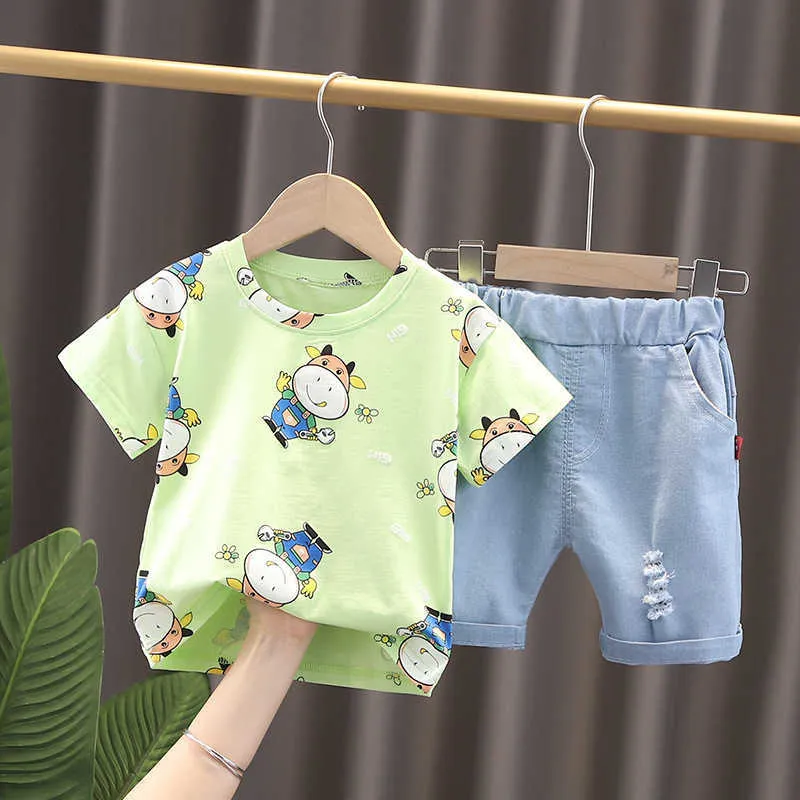 Hylkidhuose Sommer Baby Jungen Kleidung Sets Infant Casual Kleidung Kurzarm t-shirt Denim Shorts Cartoon Kinder Kinder Outfit G1023