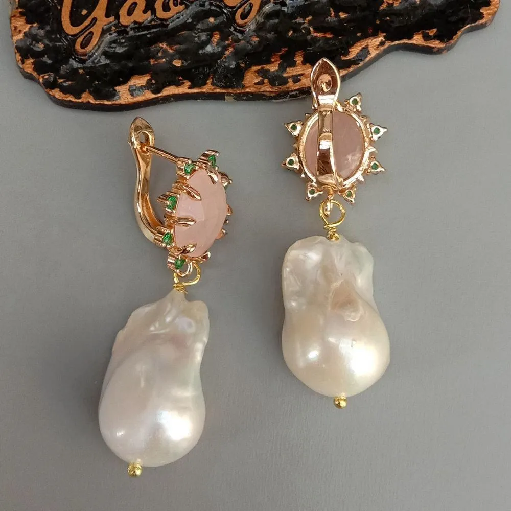 YYGEM – boucles d'oreilles en boule de flamme nucléée blanche de culture naturelle, perle baroque, pavé de Quartz Rose, style mignon pour femmes