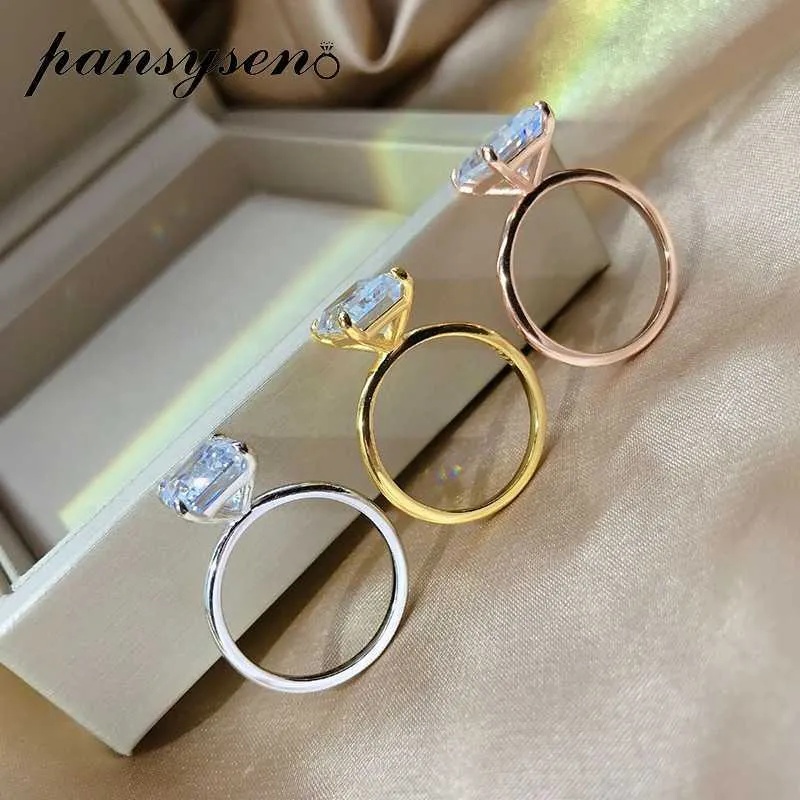 Pansysen Blanc / Jaune / Rose Gold Couleur Luxe 8x10mm Taille émeraude AAA Zircon Anneaux pour femmes 100% 925 Sterling Silver Fine Bijoux 210924