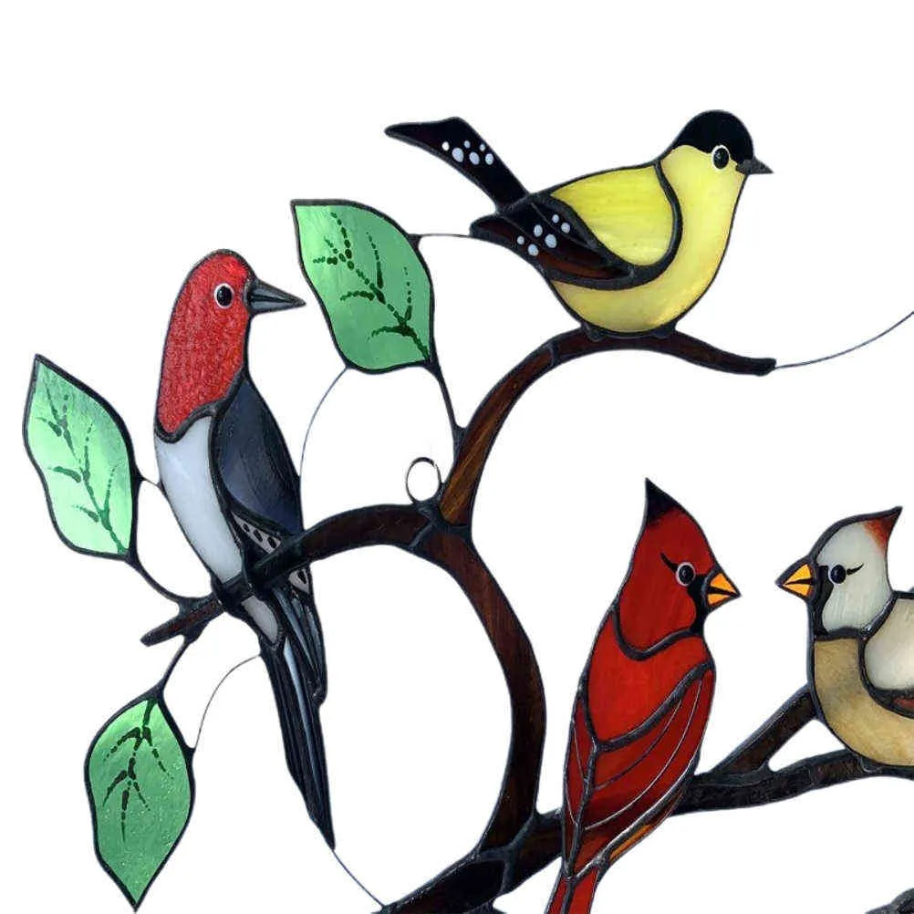 Målade fåglar hem dekoration målat glas fönsterpanel målat glas fågelornament fönster suncatcher mor039s dag gåva Q088250210