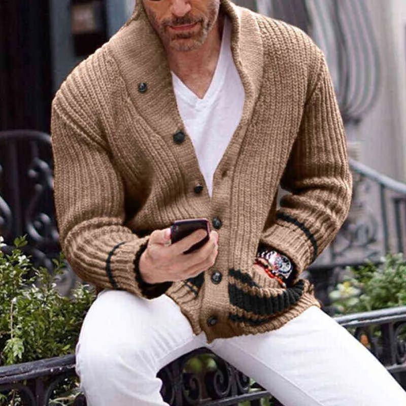 Męskie zimowe ciepłe solidne z długim rękawem Knit Cardigan Tops Jesień Moda V-Neck Guziowy Sweter Płaszcz dla mężczyzn Dorywczo Streetwear 211221