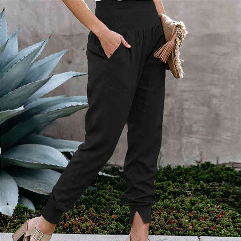 Taille haute de couleur unie avec pantalon à ourlet fendu Automne et hiver Taille Casual Pantalon ample Harem 211115