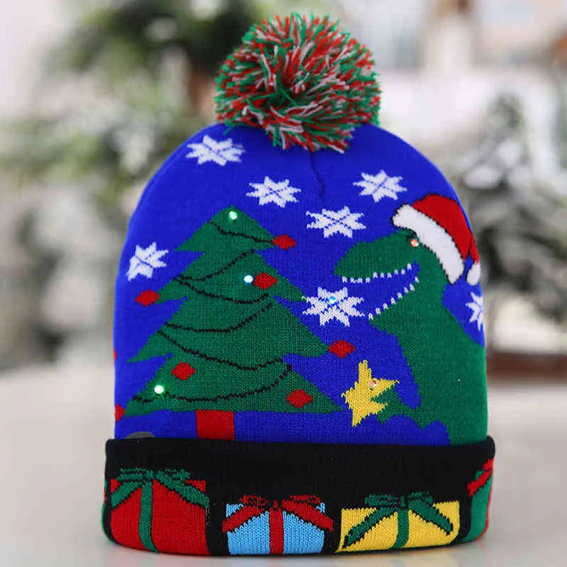 ON SALE 2022 New Year LED Elk Knitted Christmas Hat Beanie Light Up Illuminate Warm Hat For Kids Adults New Year Christmas Decor Y21111