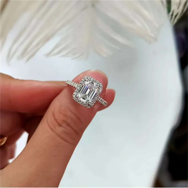Conjunto de anéis de promessa de diamante de laboratório, corte esmeralda 2ct, prata esterlina 925, noivado, aliança de casamento, para mulheres, festa de noiva, joias 2496