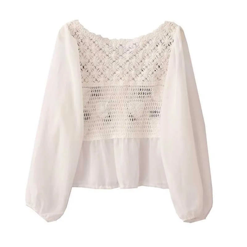 Nbpm Spring Women's Clothing Chiffon Shirt Daisy Embroidery Hollow Out Blouses Women's Long Sleeve Top Female Elegant 210529