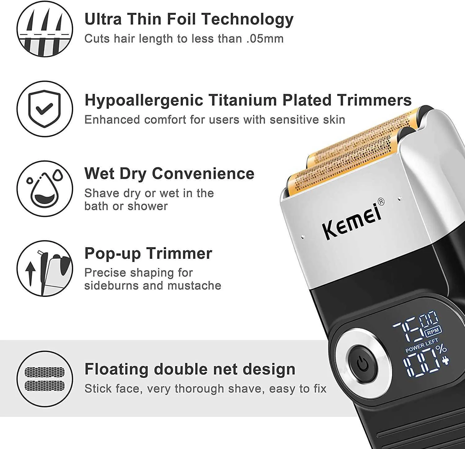 Kemei Foil Shavers for Men Electric Razor with Bald Trimming Cordless Electric Shavers with LED Display 2 in 1 P0817