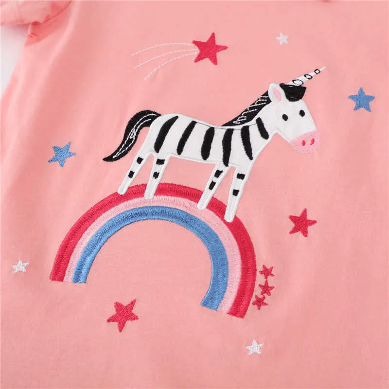 Hoppmätare Sommarflickor Zebra Broderi T Shirts Kortärmad Barnkläder Söt Rainbow Tees Toppar Barnkläder 210529