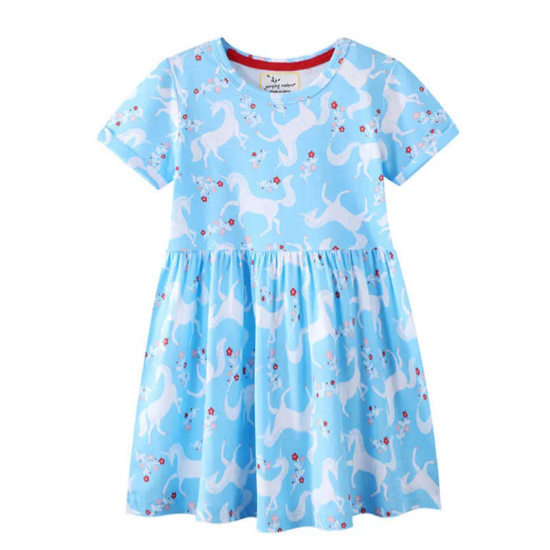 Jumping Meters Summer Arrival Short Sleeve Princess Girls Dresses With Unicorns Print Children's Frocks Toddler Clothes 210529