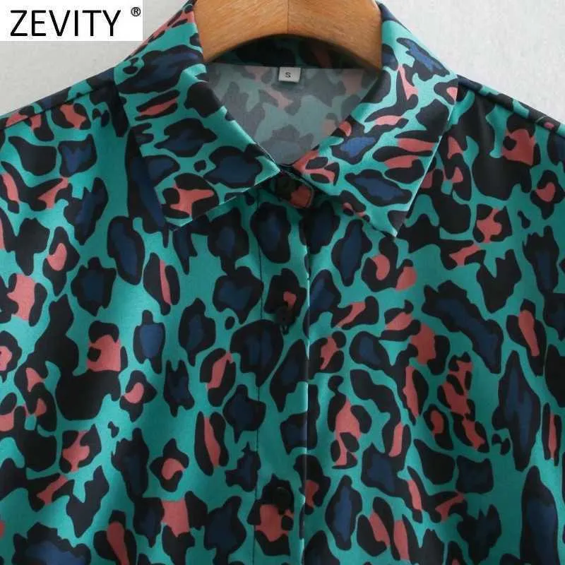 Zevity Women Vintage Green Leopard Digital Print Smock Blouse Office Ladies Breasted Business Shirt Chic Blusas Toppar LS7476 210603