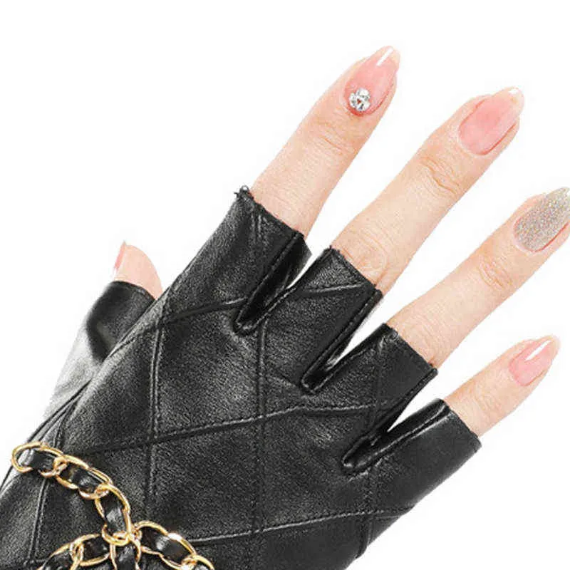 's Genuine Leather Half Gloves with Metal Chain Skull Punk Motorcycle Biker Fingerless Glove Cool Touch Screen 211214273a