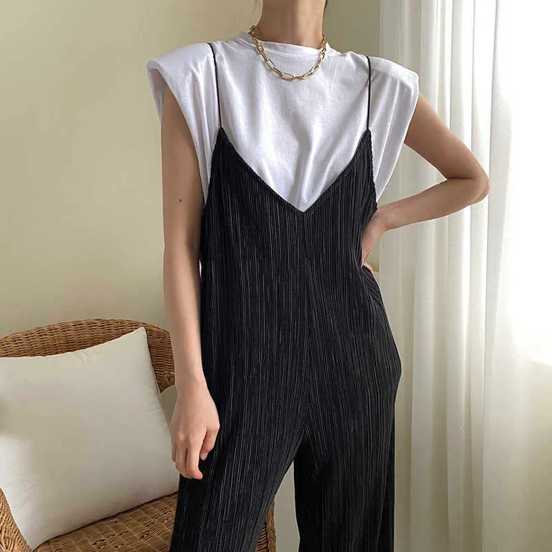 Korjpaa Kvinnor Sommar Sommar Koreanska Chic Ladies Nisch Loose Flying Sleeve T-shirt V-Hals Pläterad Wide-Ben Suspender Jumpsuits 210526