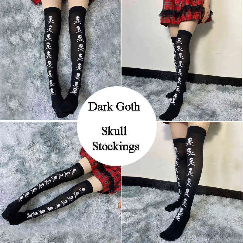 Black Gothic Donne Donne Skull Over Knee Socks Sexy Lungo Stretch Stretch Goth Stoccaggio Estate Sottile Thigh Calze Y1119