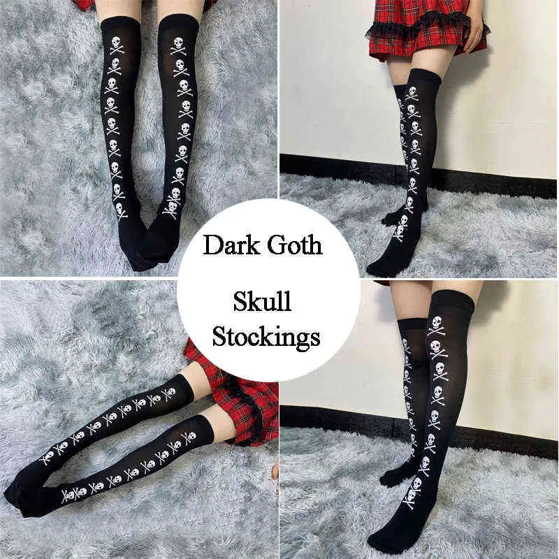 Czarne Gothic Women Skull Over Nenee Socks Sexy Długie Stretch Dark Goth Stocking Lato Cienkie Udo Wysokie pończochy Y1119