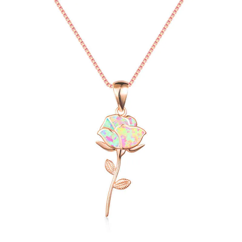One Piece White Opal Rose Gold Flower Pendant Necklace For Women France Romantic Box Chain Wedding Neck Jewelry Gift3014889