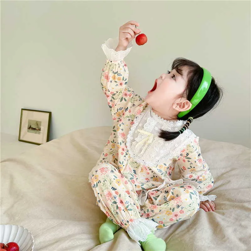 Style coréen printemps bébé pyjamas 2 pièces ensembles col en dentelle jaune Floral maison costumes sommeil jurer enfants vêtements E5038 210610