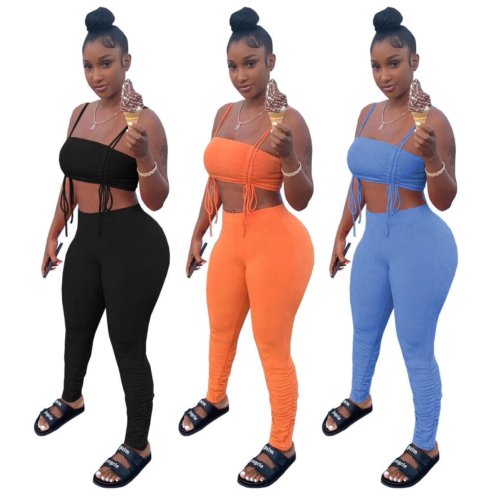 Vrouwen buiten tweedelig broek set 2022 lente en zomers gebreide suspender trekkoord tracksuits backless rekbare geplooide broek outfits