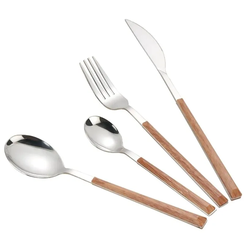 304 Stainless Steel Tableware Set Glossy Wood Silver Dinnerware Sets Western Food Knife fork Teaspoon Cutleries Y200610