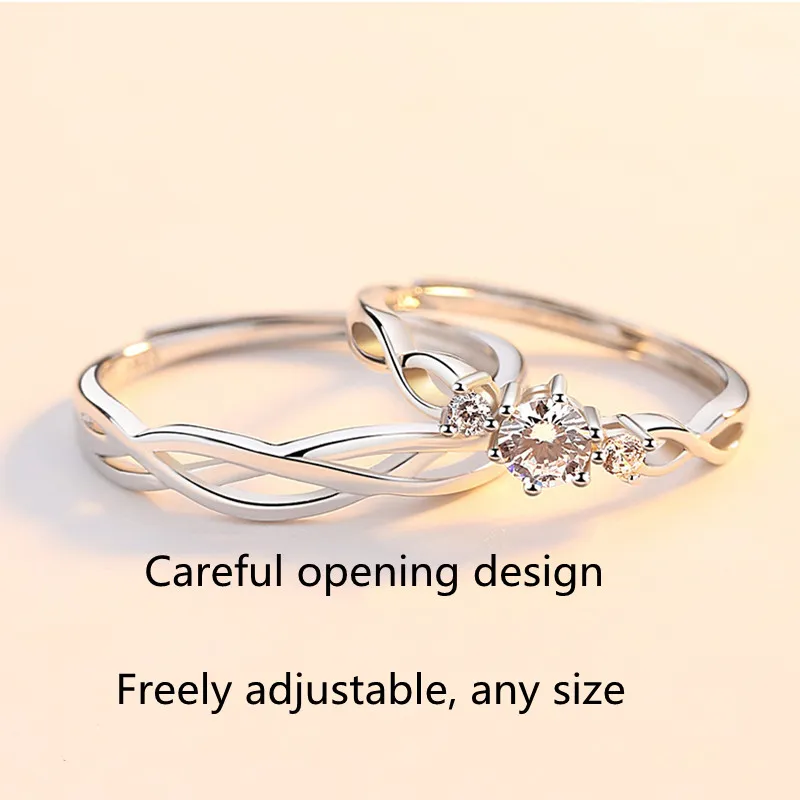 2 шт. 925 Серебряное кольцо для пары с кристаллами и бриллиантами для пары, свадебные регулируемые кольца с бесплатной коробкой, подарок любви