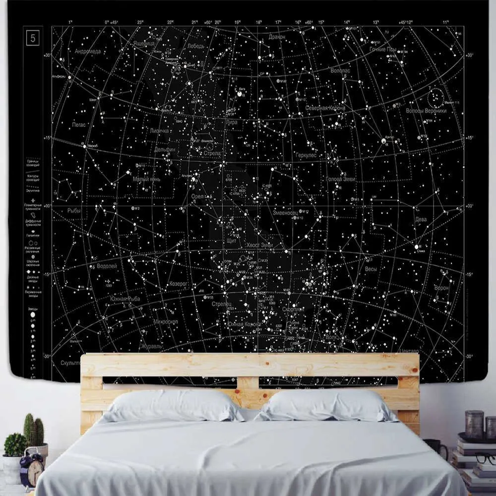 Tapisserie murale suspendue hémisphère nord carte du ciel étoiles constellations tapisserie fond noir ciel interstellaire décoration murale 210609