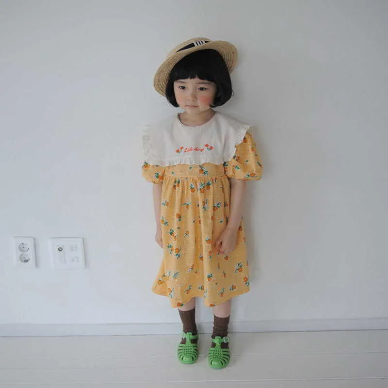 Koreański styl letnie dzieci dziewczyny sukienka żółty różowy kwiatowy krótkie rękawy francuskie obróć haft kołnierz 1-6 lat E36 210610