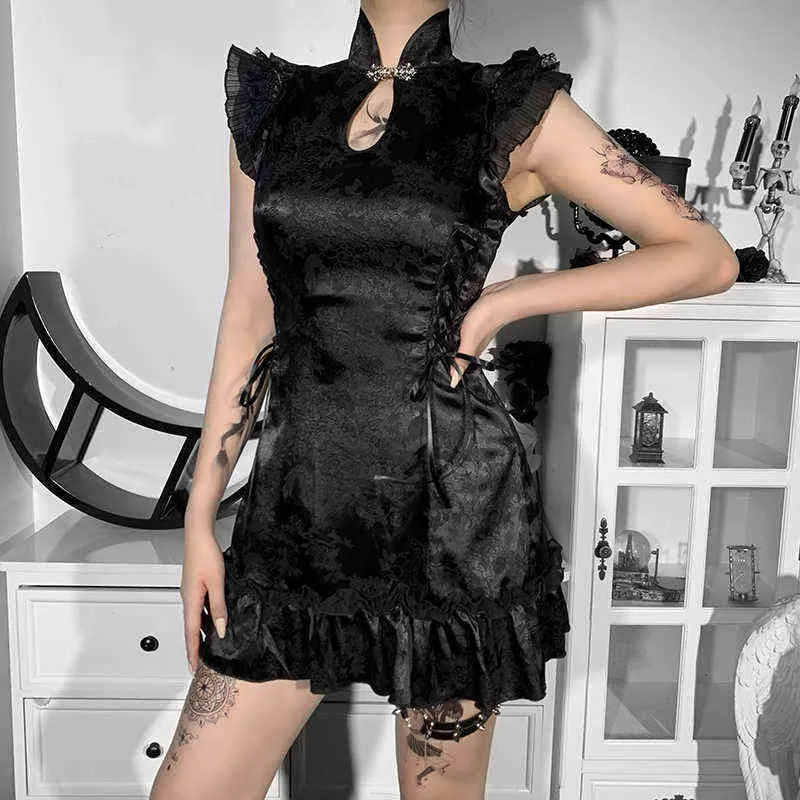 Helisopus ny kinesisk stil cheongsam mini klänning retro sexig ihålig ut estetisk bodycon svart smal ärmlös fest klänningar y220214