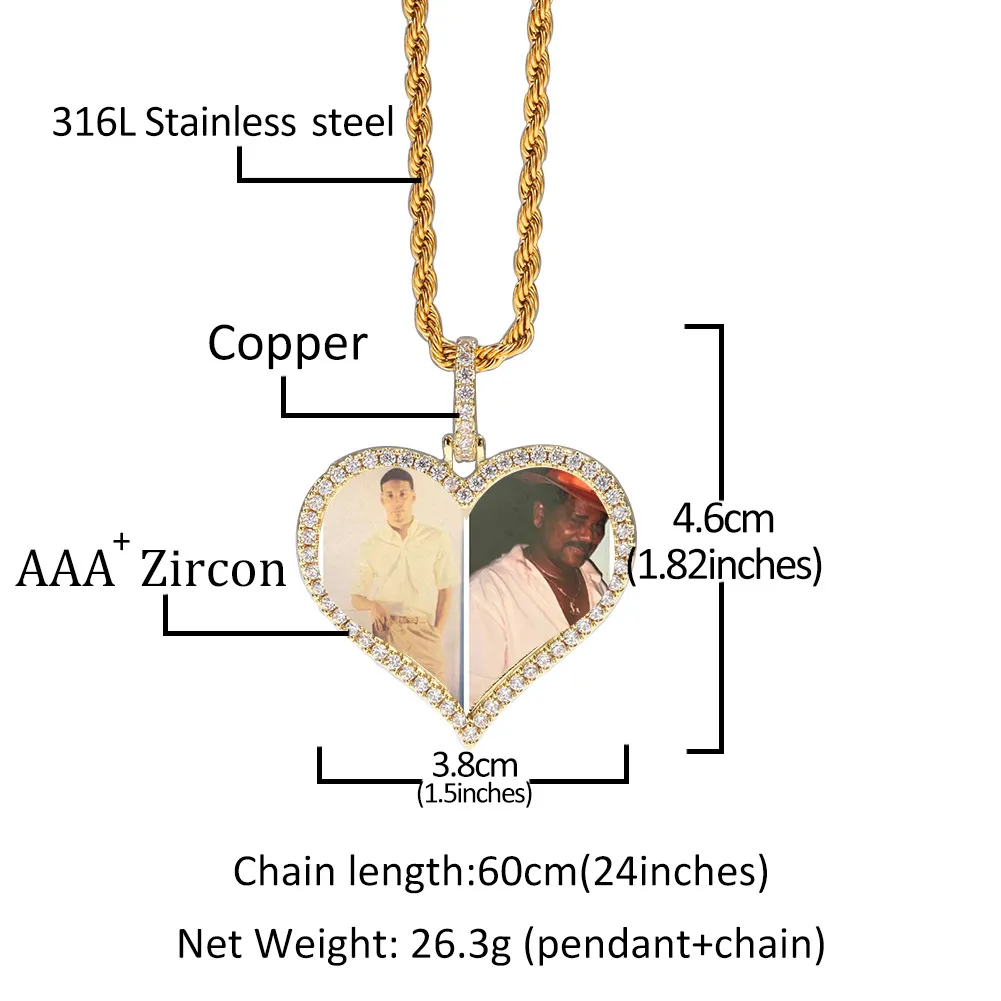 Photos personnalisées collier mode plaqué or mémoire glacé coeur pendentif colliers hommes Hip Hop bijoux