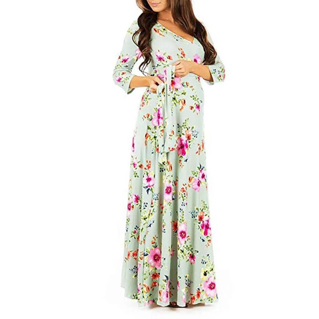 V-cou bohême robes de grossesse imprimer été à manches courtes taille haute maternité longue jupe robe pour femmes vêtements de maternité X0902