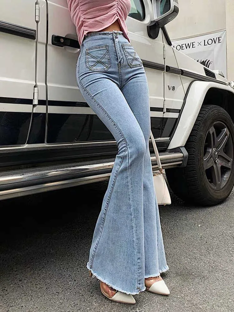 Jeans in corno a vita alta blu cielo elastico sexy magro alla moda versatili pantaloni lunghi slim svasati impiombatura e taglio 210604