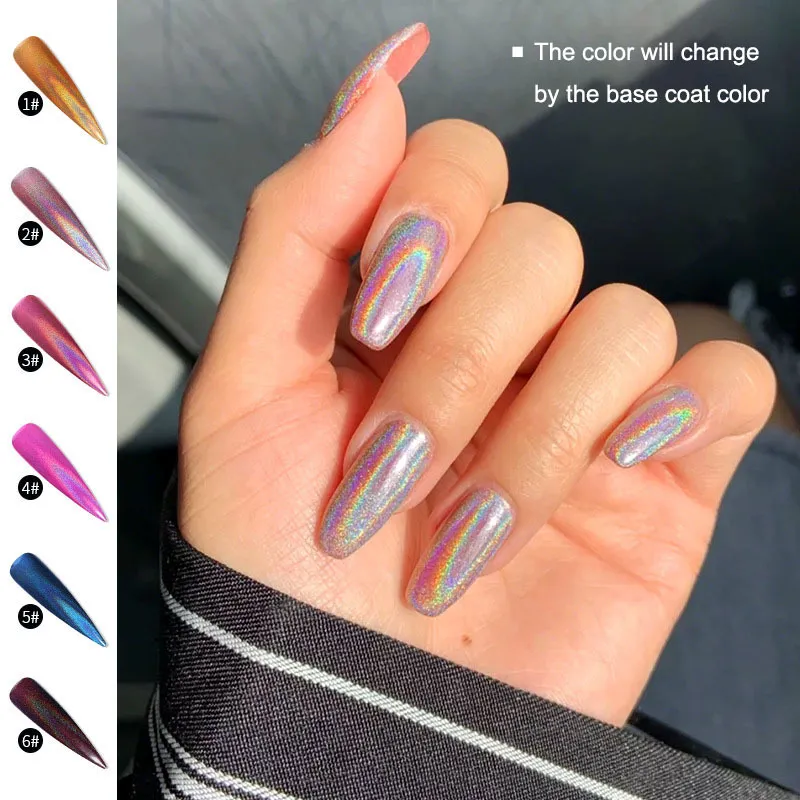 regnbåge laser glitter 6 färger krom pigment pulver med bomullsticka gnid på s design för nagelkonst