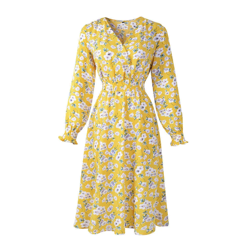 Panie z długim rękawem żółty Szyfonowa sukienka V Neck Flower Print Asymetria ES dla kobiet Tunik Tuxedo Letni Party 210604