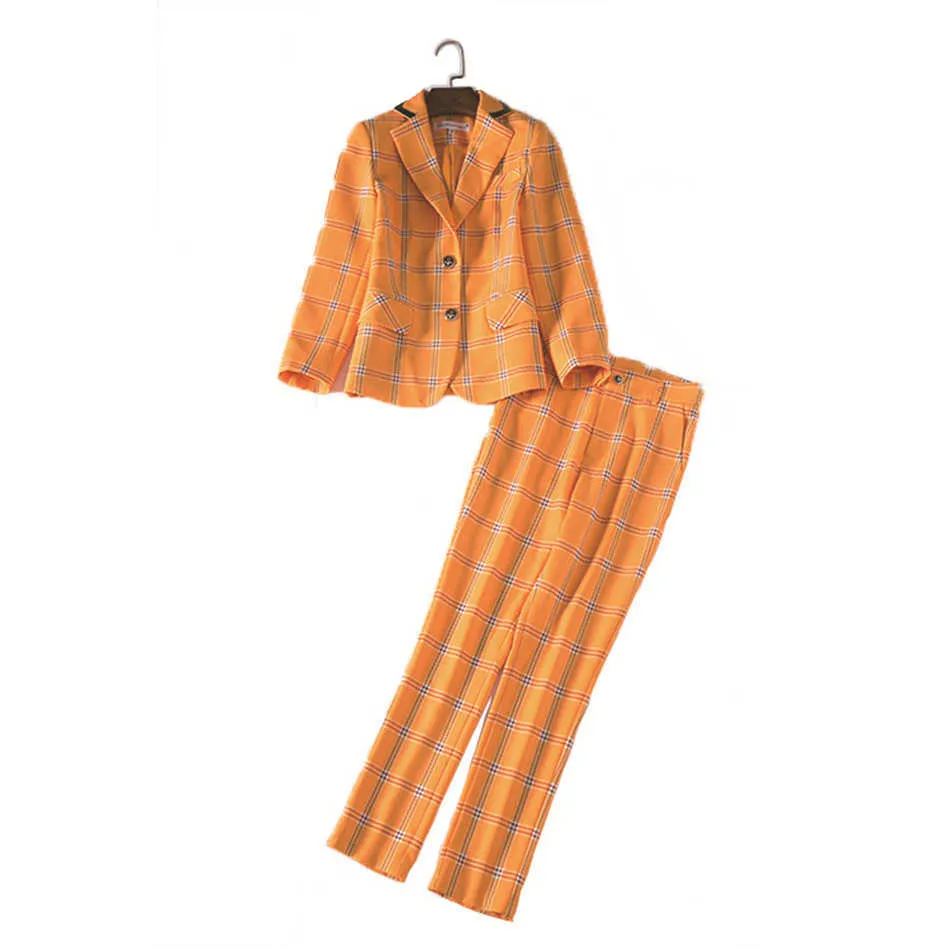 Eleganta plaid orange damer kostym jacka långärmad kontorsbyxor avslappnad höst sommar två-stycke 210527