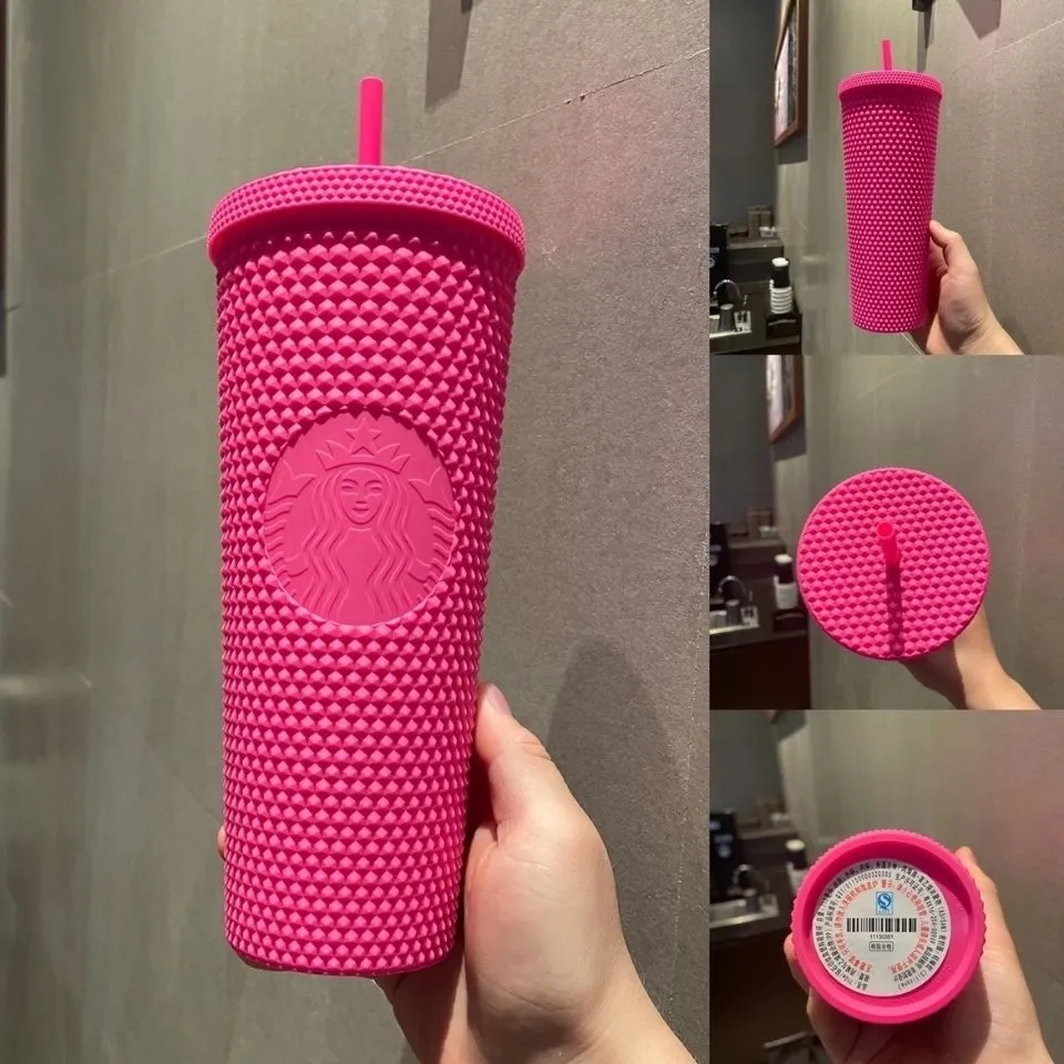 2021 Starbucks Double Barbie Pink Tumblers Durian Laser Straw Cup Tumblers Sirena Plástico Agua fría Tazas de café Taza de regalo