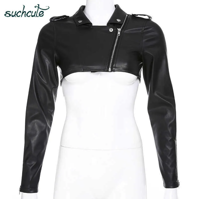 SUCHCUTE PU Leather Coats For Women Jacket With Zipper Casaco Feminino Korean Style Modis Black Autumn Harajuku Coat Female 210914