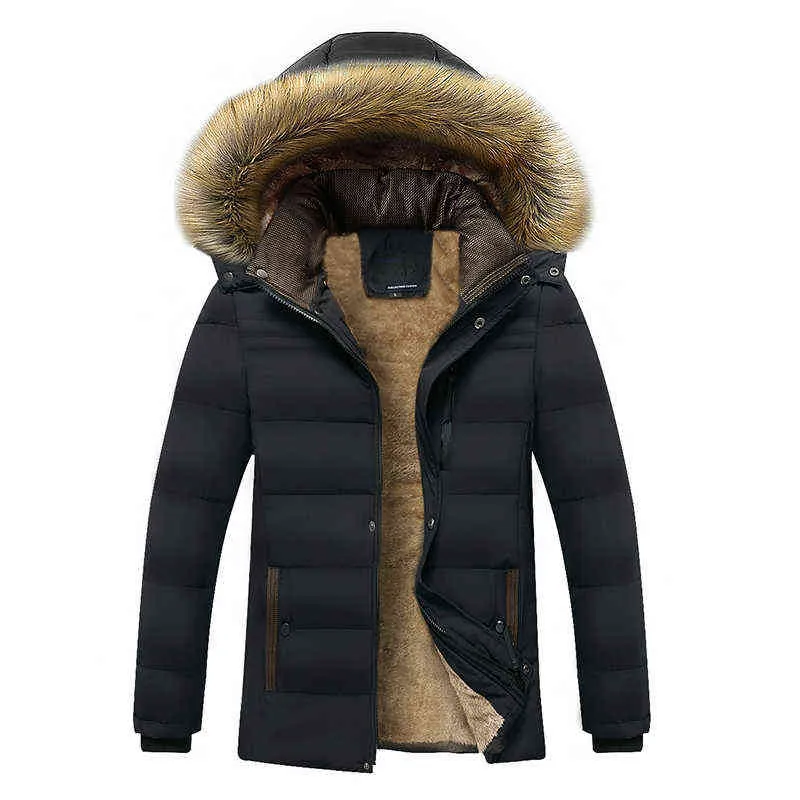 Kış Sıcak Kalın Polar Parkas Erkekler Su Geçirmez Kapşonlu Kürk Yaka Parka Ceket Ceket Sonbahar Moda Casual 211214