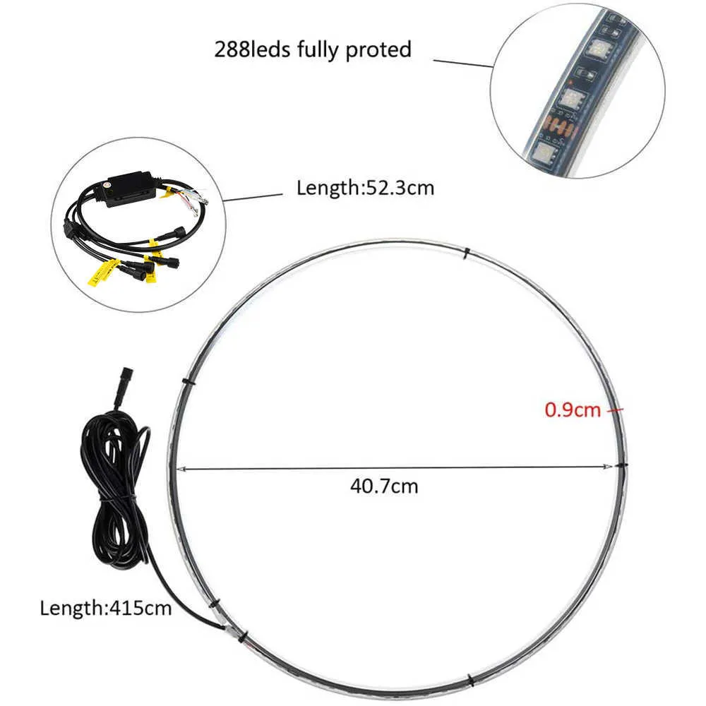 4 Stück 155 Zoll Autoreifen-Atmosphären-Lichtleiste Bluetooth RBG Farbrad-Lichtring Stoßfester wasserdichter Auto-Rad-Lichtring7714121