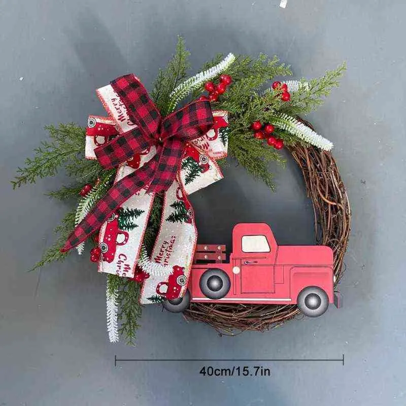 Czerwona ciężarówka świąteczny wieniec rustykalny spadek drzwi frontowe sztuczne girlandy wiśnie wiśnie ze wstążką wisząca świąteczny wieniec 211104