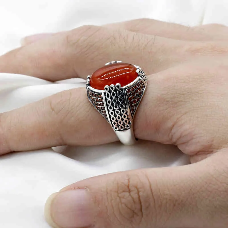 Solid 925 Silver Ring Retro Forntida Mellanöstern Arabisk Style Agate Stone Turkiet Smycken För Män Kvinnor Bröllopsgåva