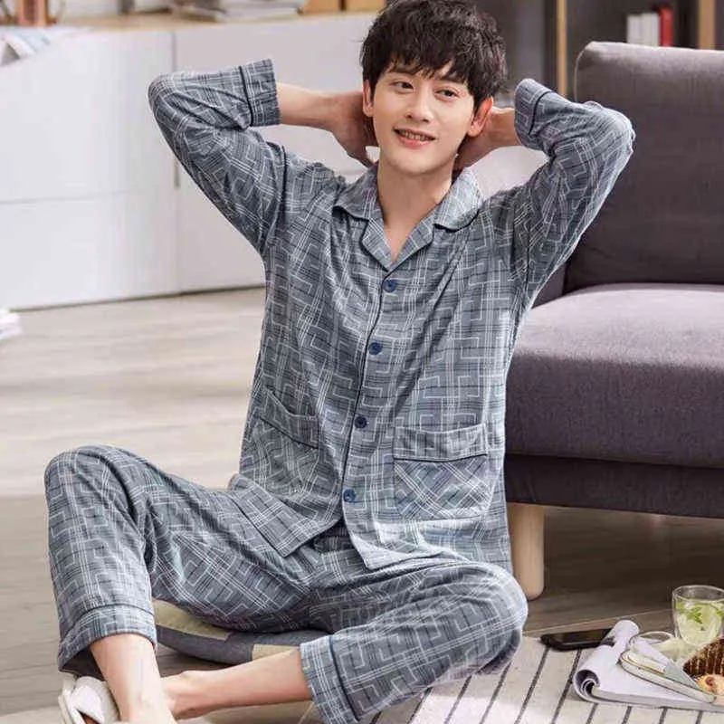 100% katoen pijama voor mannen geruite herfst winter nachtkleding pyjama pyjama set 3xl casual gestreepte mannelijke homewear home kleding 211111