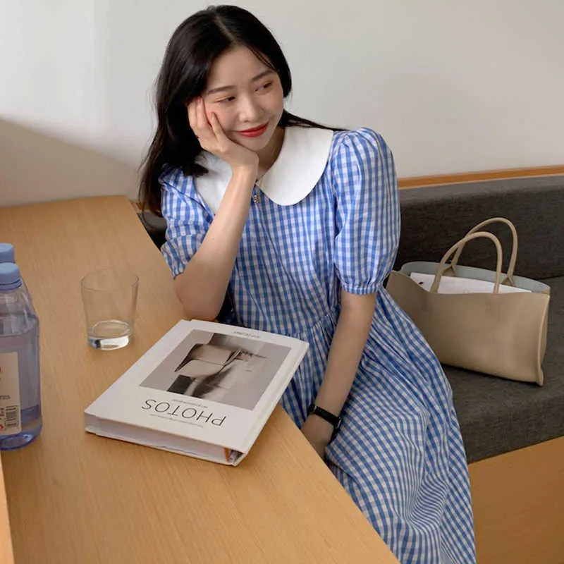 Korejpaa Frauen Kleid Sommer Koreanische Mode Elegante Blau Plaid Puppe Kragen Hohe Taille Blase Hülse Große Schaukel Lange Kleider 210526