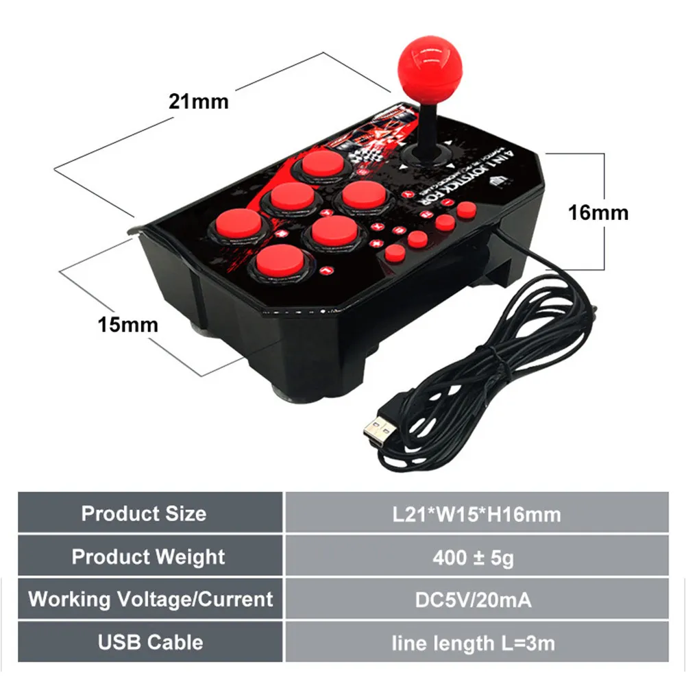 4-in-1 USB Gra Przewodowa Joystick Retro Station Arcade Turbo Console Console Rocker Fighting Controller PS3 / Switch / PC / Android TV